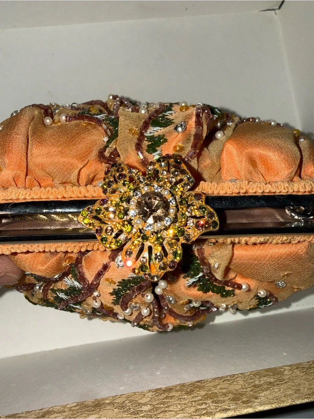 Embellished Peach Evening Clutch with Crystal Floral Clasp Larisa Barrera
